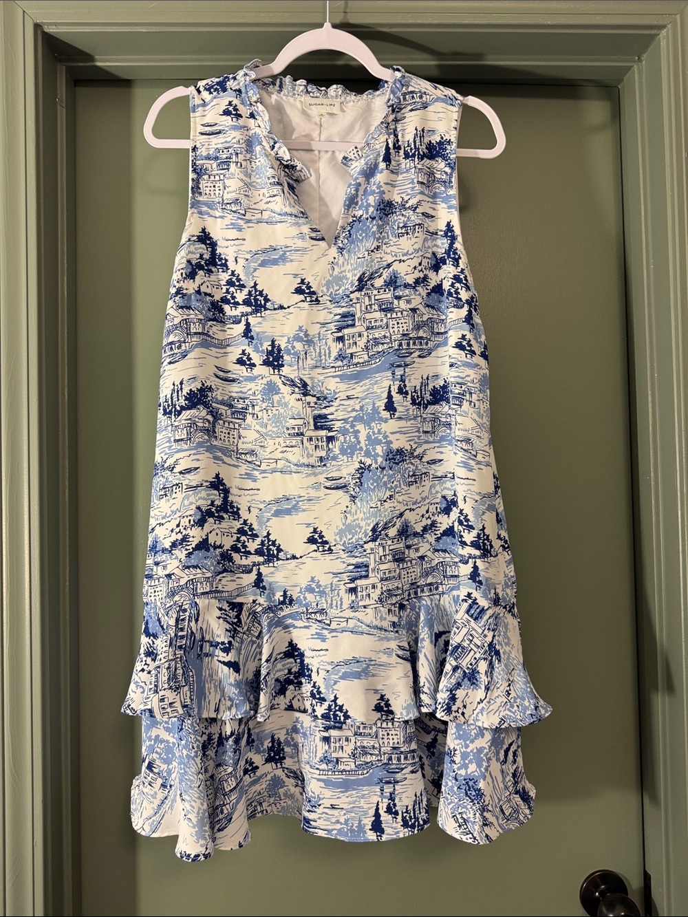 Sugar Lips Blue and White Toile Sleeveless Ruffle Hem Dress
